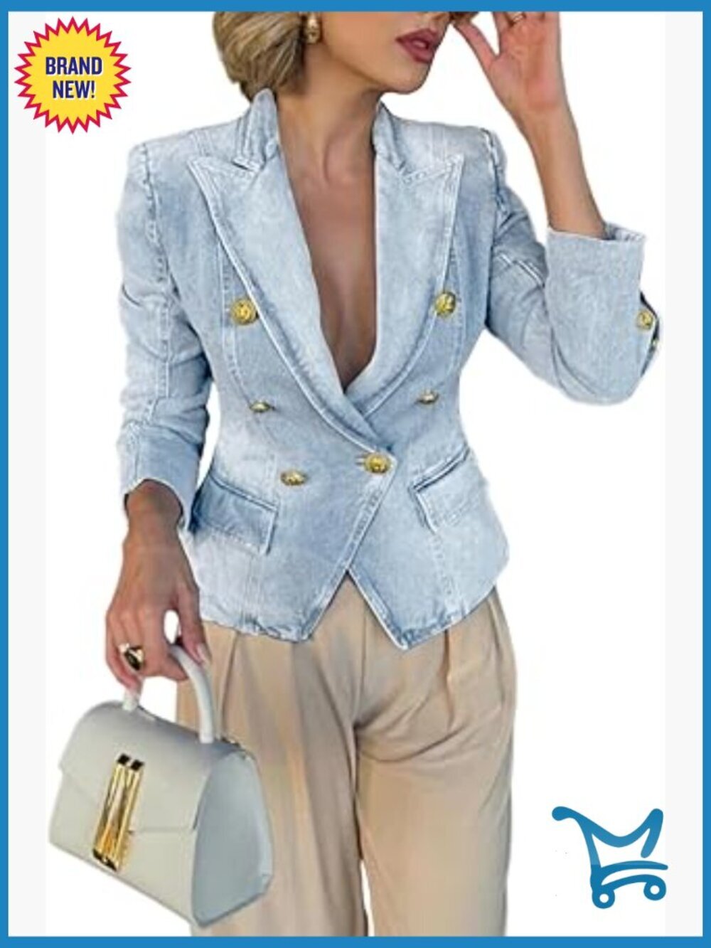 Notched Lapel Double Breasted Denim Blazer Trendy Slim Fit Long Sleeve Jacket